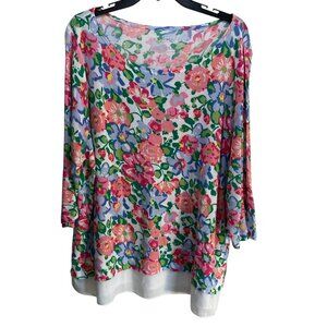 Talbots Floral Tunic Top Chiffon Stretchy Womens 2X 3/4 Sleeve Lagenlook Cottage